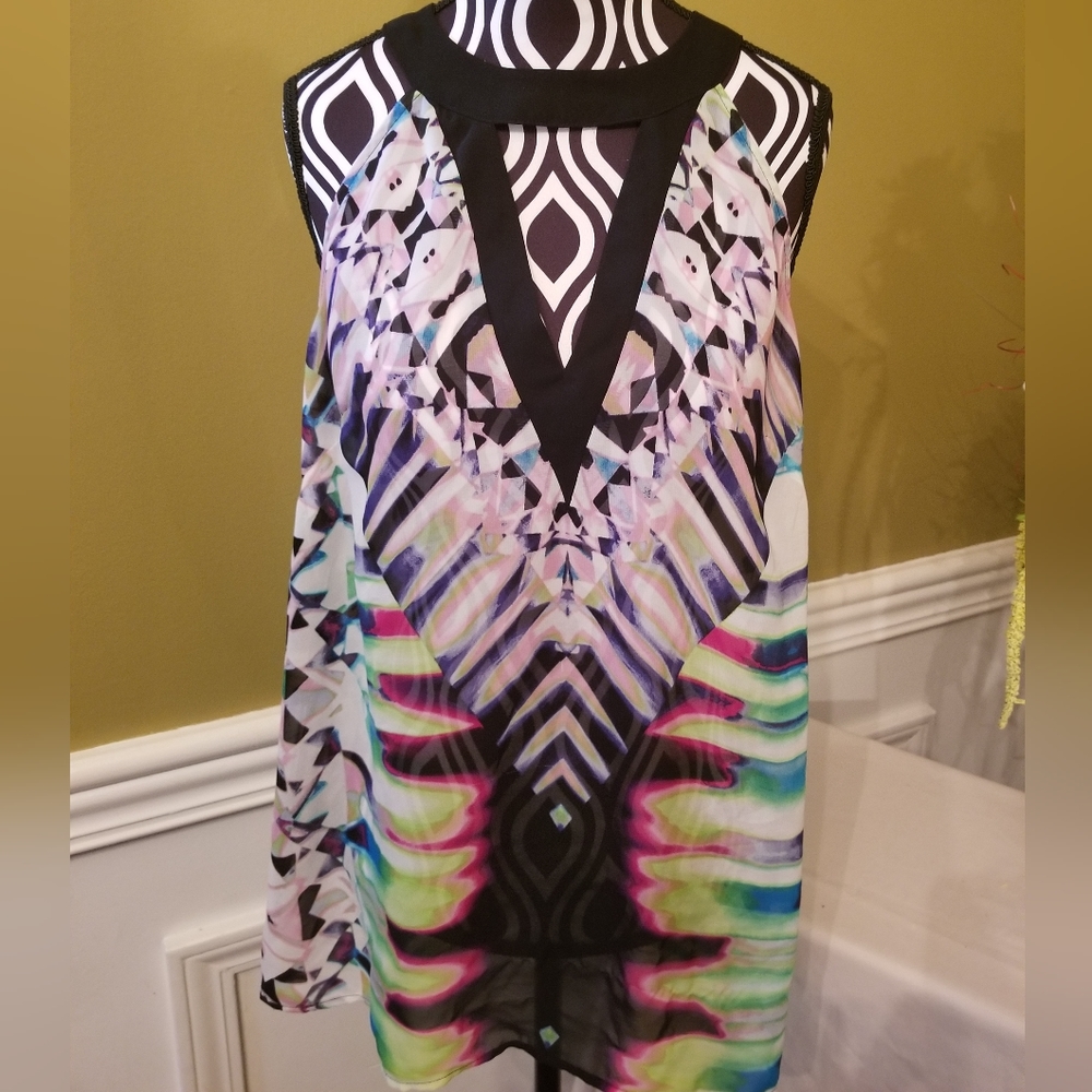 Bisou Bisou Michele Bohbot Sheer Multicolor Sleeveless Tunic Blouse Split Back